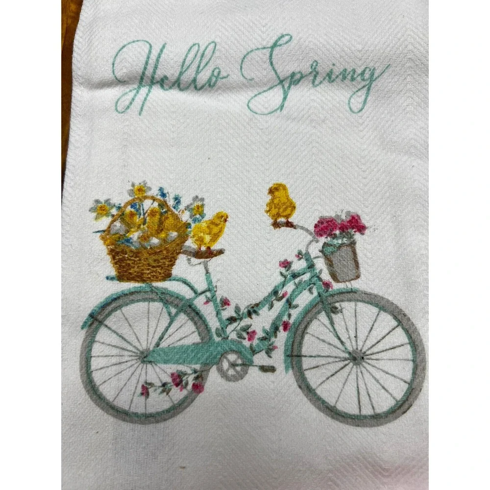 Snuggle Bunny Kitchen Towels Set of 2 White Pink Hello Spring Bicycle NWT 18x28